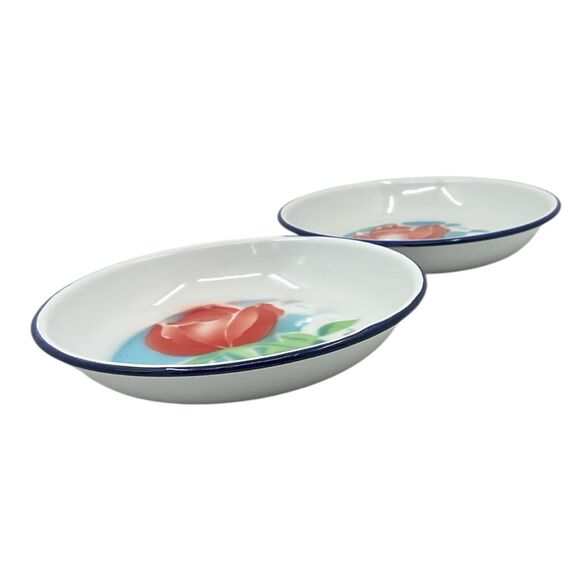 Bumper Harvest Floral Enamelware Dish Blue Rim Red Tulip Flower 1950s Retro - Picture 6 of 8